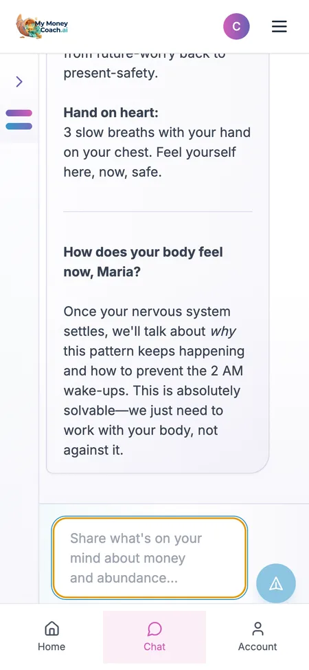 Phone screenshot of Sophia guiding a short hand-on-heart breathing exercise